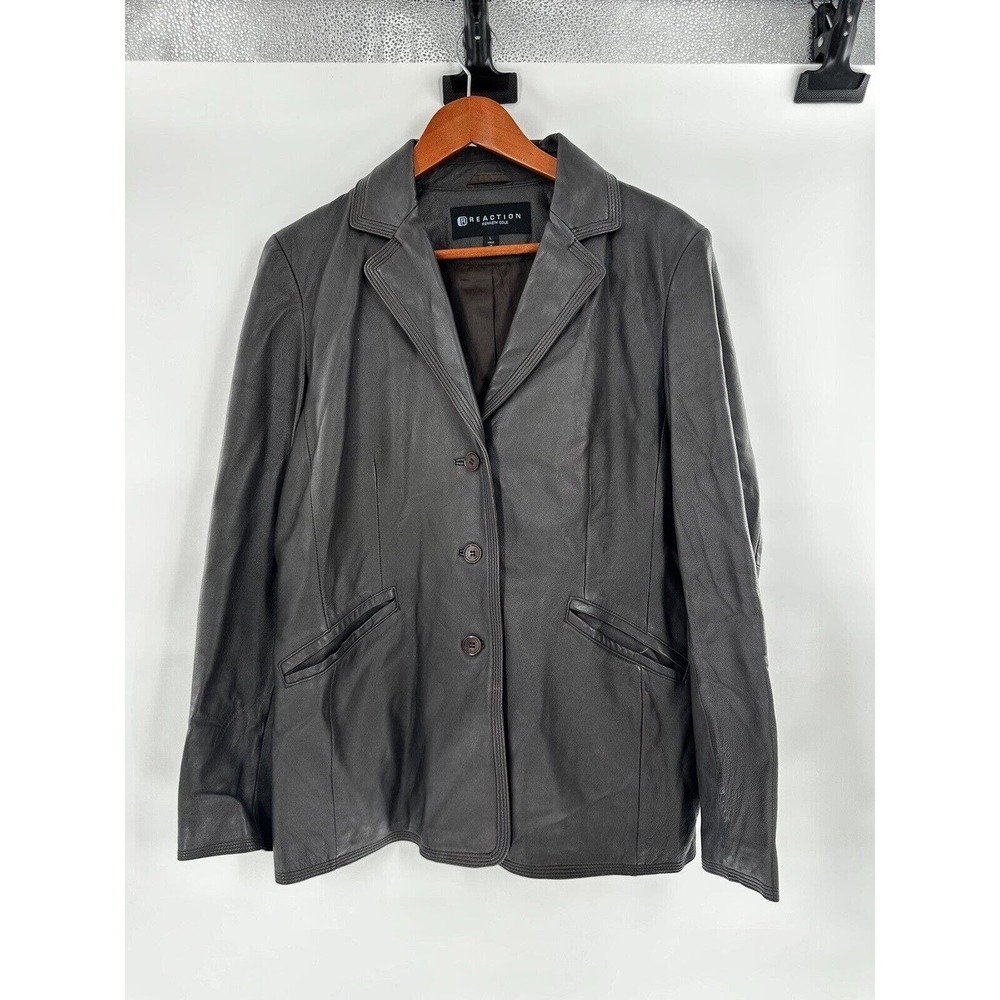 Kenneth Cole Leather Jacket Women’s Size Large Blazer Notched Moto Brown Button - Picture 1 of 11